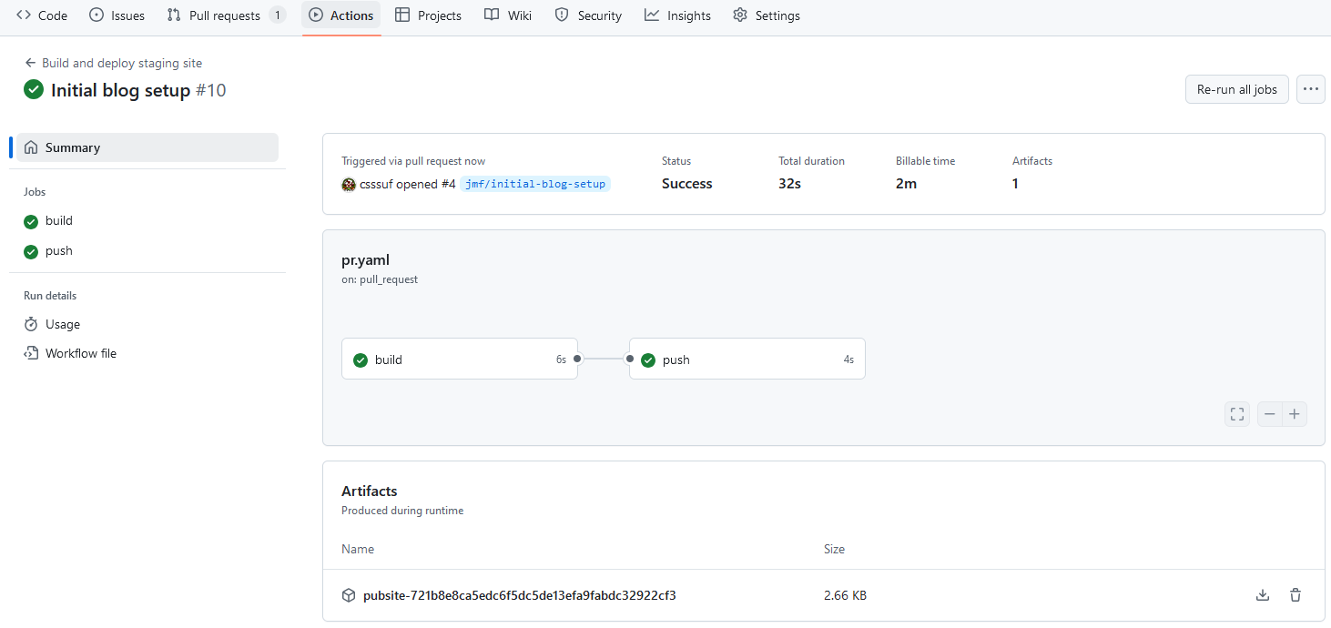 GitHub actions workflow run showing the development site being built and published.